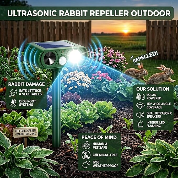 2Pack Upgraded Sonic Fortress Pro Deer Repellent Solar Animal Repellent Ultrasonic Outdoor with Motion Sensor Strobe Light for Squirrel Raccoon Rabbit Cat Skunk Deterrent Keep Pests Out of Yard Farm