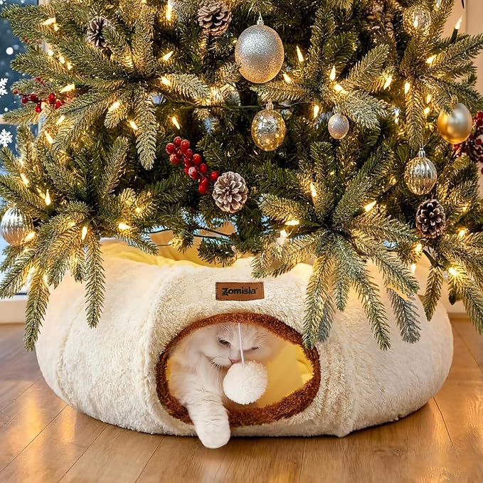 ZOMISIA Cat Tunnel Bed for Indoor Cats, Cute Cat Donut Toy Tunnel for Small Large Cats, Peekaboo Pet Cave Play Tunnel Toys for Kitten/Rabbit,Beige