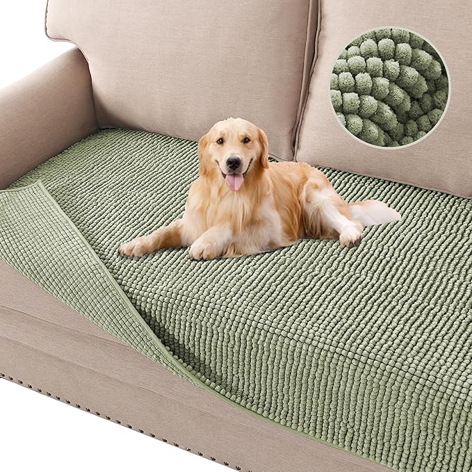 H.VERSAILTEX Plush Chenille Dog Bed Cover Thick Soft Sofa Cover for 3 Cushion Couch Anti Slip Couch Cover Furniture Protector for Dog, Pet, Cat (35" x 82", Sage)