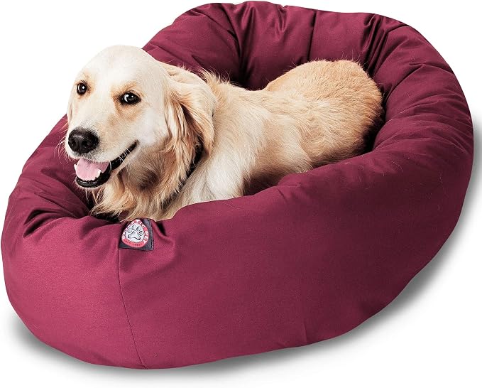 Majestic Pet Bagel Calming Dog Bed, 40 in Large, Round, Washable, Burgundy | Cozy Soft Fluffy Donut Pet Bed with Spine Support for Head Rest – Anti-Anxiety Comfort for Puppies & Dogs, 40x29x9 Inches
