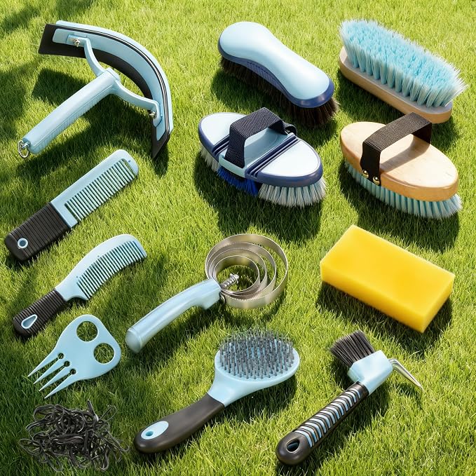 Horse Grooming Kit, 14-in-1 Professional Horse Brush Supplies Set for Grooming & Care, with Horse Brushes, Curry Comb, Hoof Pick & Waterproof Storage Tote Bag for Shining, Detangling, Massaging(Blue)