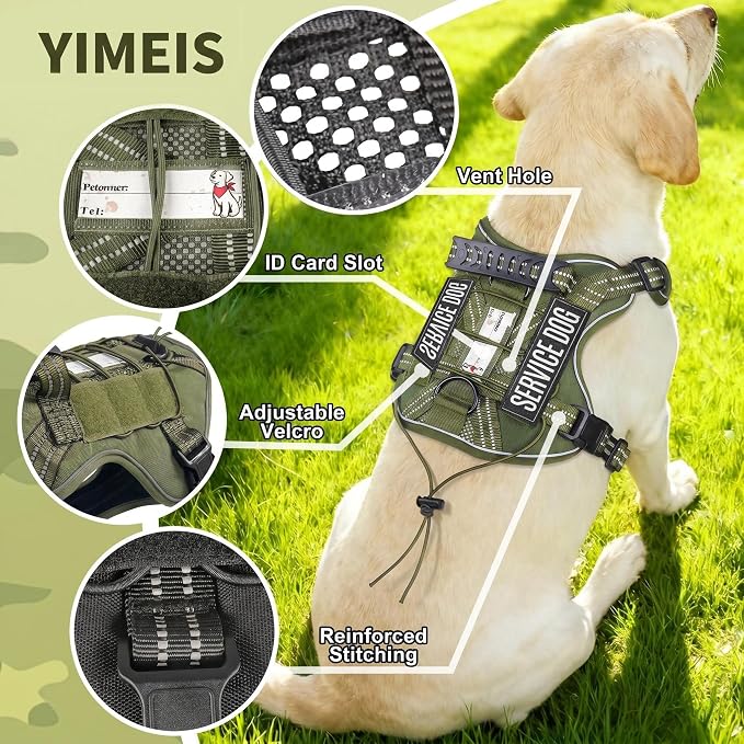 Service Dog Tactical Vest Harness and Leash Set Large Sized Dog Emotional Support- Tactical Dog Harness Training Collar with Name (Army Green, XL)