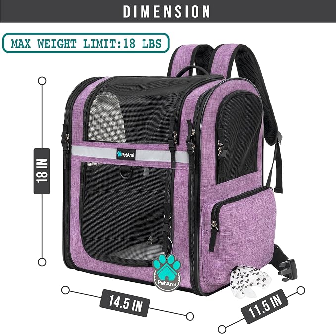 PetAmi Dog Backpack Carrier, 4-Way Entry Ventilated, 18 lbs, Purple | Sherpa Bed Included, Foldable Load-In Top, Safety Reflective Strap, Breathable Mesh, Poop Bag Dispenser, Padded Back Support