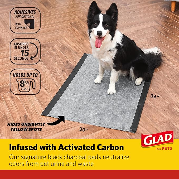 Glad for Pets Giant Activated Carbon Training Pads, 30 x 36 In, 24 Ct, 3-Pk | Adhesive backing and wall protection for leak-proof, super-absorbent day-to-night coverage