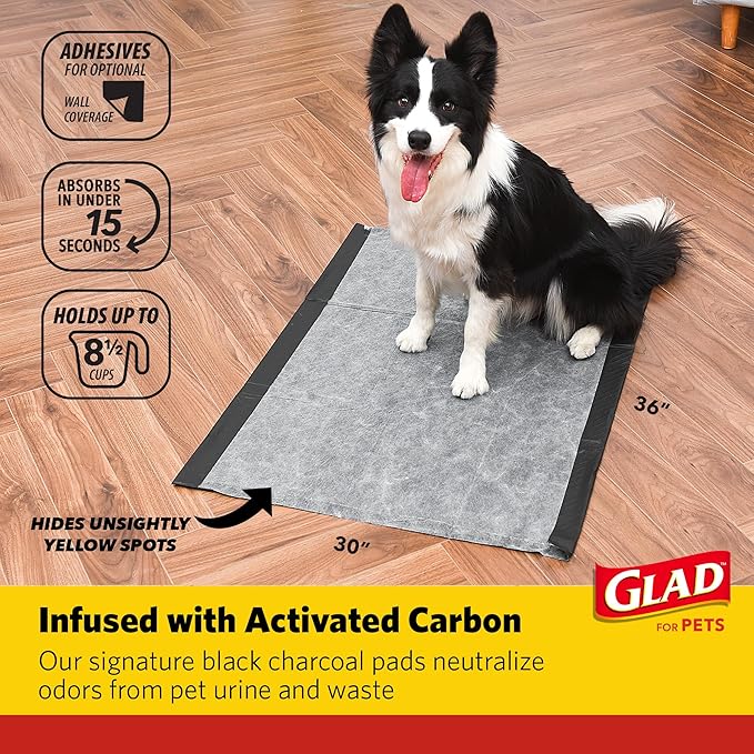 Glad for Pets Giant Activated Carbon Training Pads, 30 x 36 In, 24 Count | Adhesive backing and wall protection for leak-proof, super-absorbent day-to-night coverage