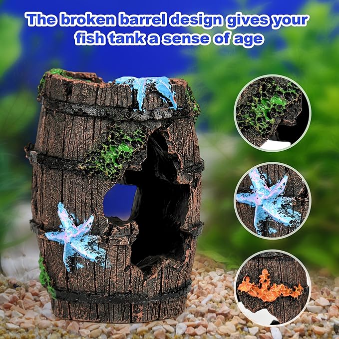AmaQueen 3 Pcs Fish Tank Decorations, Aquarium Decor Ornaments, Betta Fish Axolotl House Hideout Cave Stuff Accessories, Set of 3 Resin Hollow Tree Trunk, Starfish Barrel, Shipwreck Ship (3)