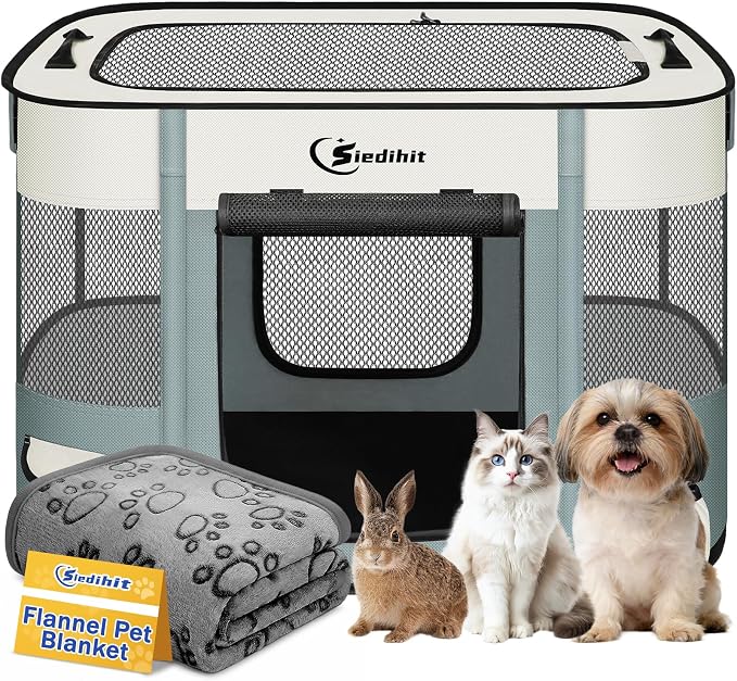 Siedihit Dog Playpen, Cat Pet Puppy Crate, Portable Playpens Indoor Outdoor (Grey with Blanket, Small)