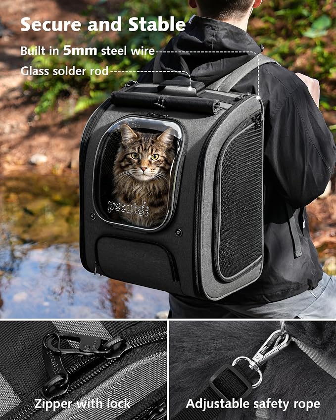 Pecute Cat Backpack Carrier,Large Space Cat Bubble Backpack,Ergonomic,Gray | XXL,Sunshade Curtain,Transparent Window,Safety Rope,Sturdy,Large Mesh on Both Side for Breathability,Suitable for Outdoor,Vet