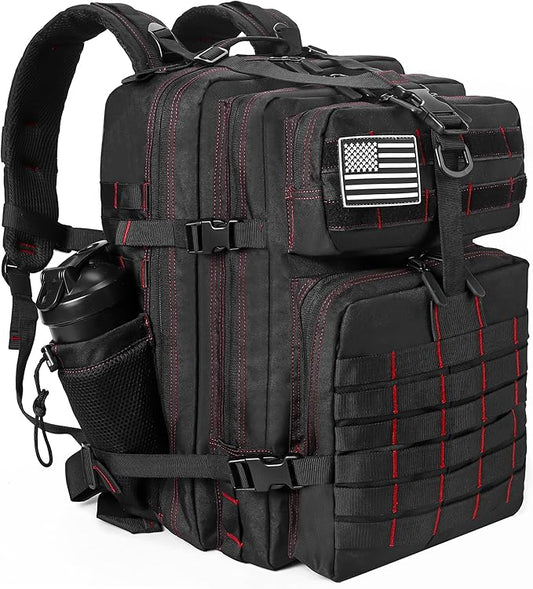 LHI Military Tactical Backpack for Men and Women 45L Army 3 Days Assault Pack Bag Large Rucksack with Molle System - Black With Red Line