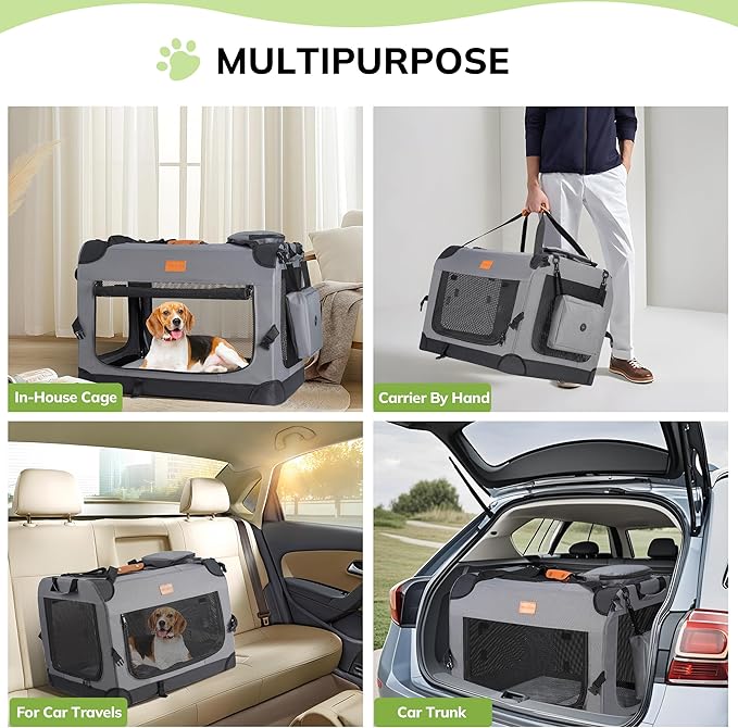Morpilot 32-inch Portable Collapsible Dog Crate for Dogs up to 70lbs | Travel Dog Crate Soft-Sided for Medium Large Dogs, with Foldable Bowl, Shoulder Strap & Storage Pockets, Grey