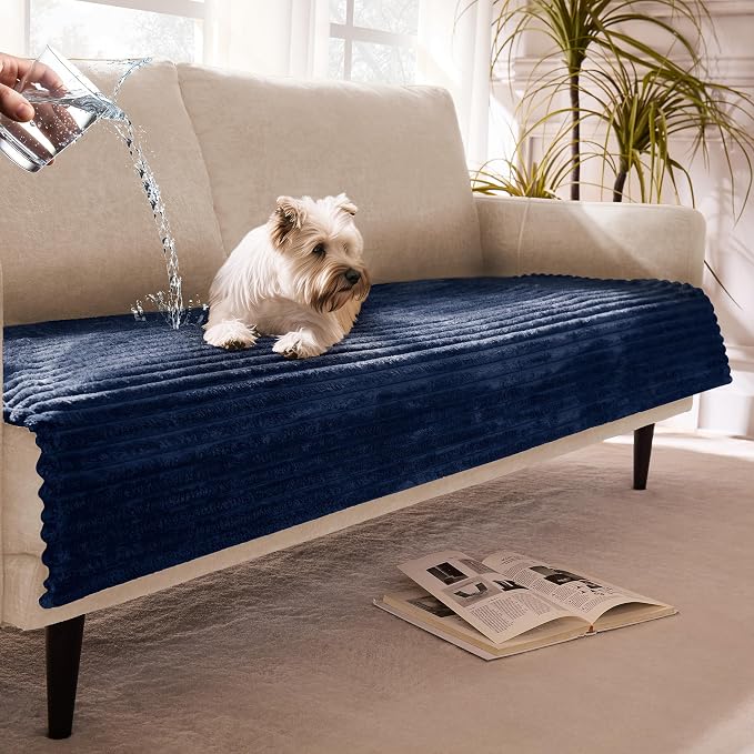 Dual Non-Slip Couch Cover for Dogs Waterproof, Fuzzy Soft Pet Couch Covers for Sofa 3 Cushion, Pet Friendly Soft Dog Bed Covers Sofa Cover Washable (Navy Blue, 33" x 85" 1 Pack)