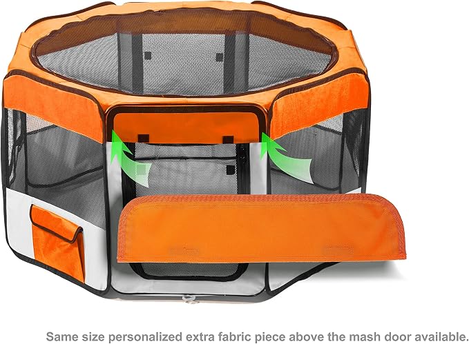 Pawer 36”×18.5” 8-Panel Foldable Pet Playpen, Orange+Grey, Personalize Embroidery Extra Fabric Piece Available, for Cat/Dog/Puppy, 600D Oxford Cloth Portable Indoor & Outdoor Kennel with Carry Bag