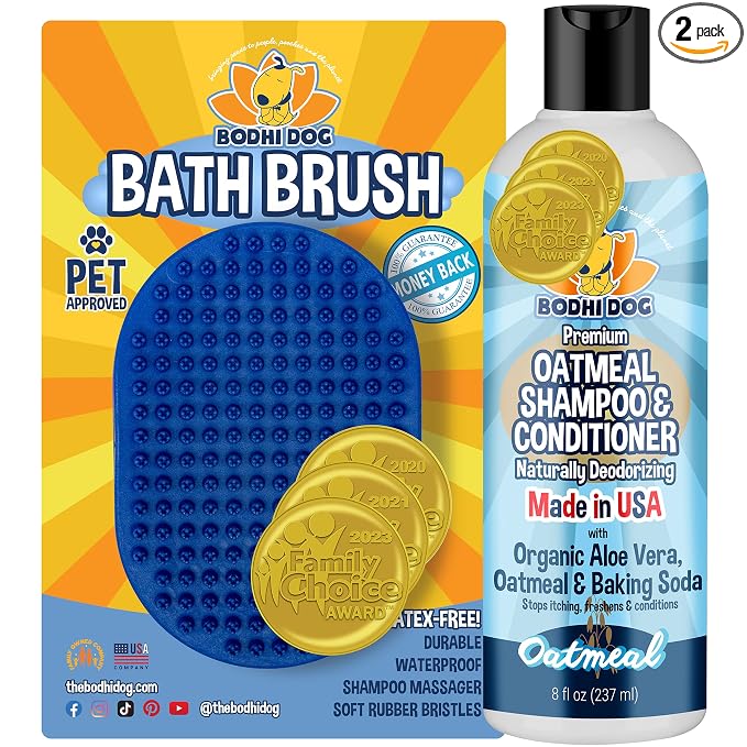 Bodhi Dog Shampoo Brush & Oatmeal Shampoo and Conditioner Bundle - Soothes and Moisturizes Dry, Itchy Skin - Bath Bundle for Shower, Showerhead, Sprayer & Bathing