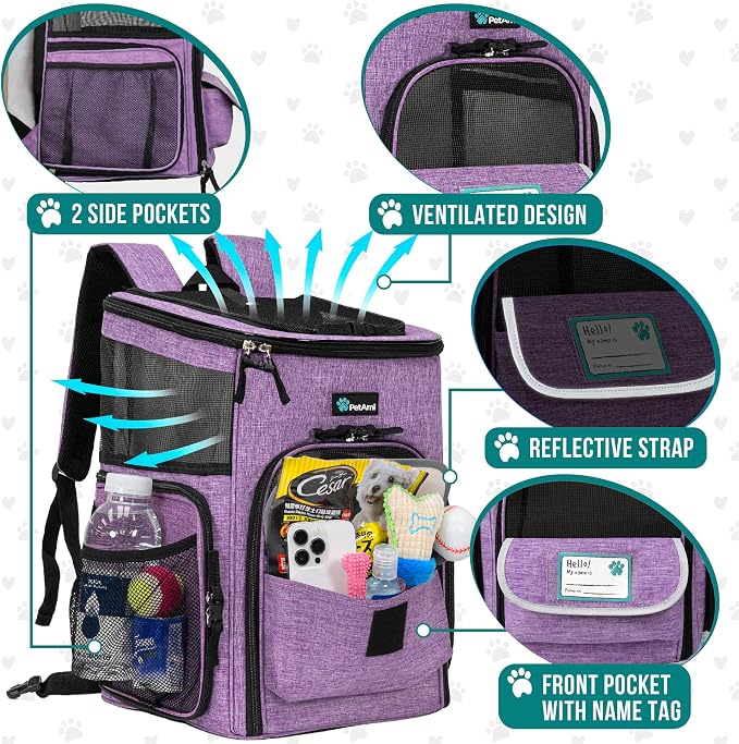 PetAmi Dog Backpack Carrier, Airline Approved 4-Way Entry Cat Backpack Carrier, Ventilated Mesh, Collapsible Pet Carrier for Small Puppy, Kitten, Hiking, Travel Car, Vet, up to 18 lbs, Purple