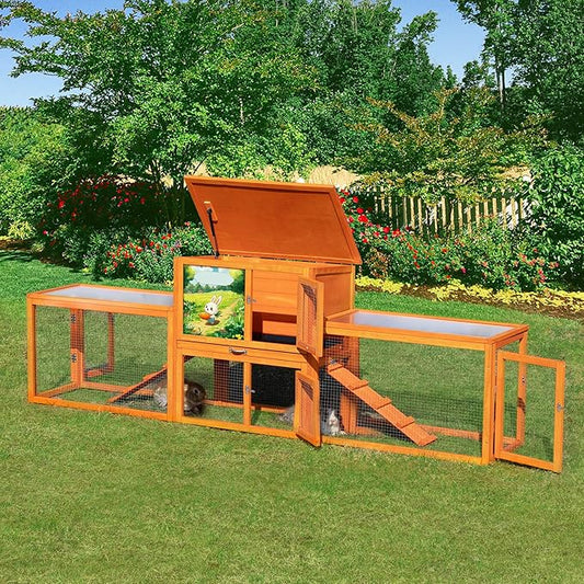 COZIWOW Large Wooden Rabbit Hutch Outdoor Indoor, 94.5" L 2-Level Bunny Cage for 2 or More Small Animals with Removable Tray & Multiple Entrances (Orange)