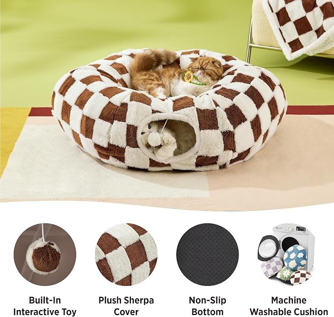 Lesure Donut Cute Jacquard Cat Tunnel Bed Kitten Toys for Puppy Bunny | 33.5x33.5x10in,Round Cat Bed Tube for Indoor Cats Rabbit Dog,Pet Peekaboo Cave Toy,Spiral Hideaway,Washable Cushion,Brown