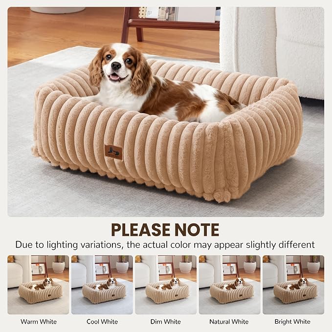 Washable Dog Bed Small Medium Size Dog, Rectangle Orthopedic Pet Bed for Car and Indoor,Fluffy Memory Foam Dog Beds with Anti-Slip Bottom,Camel(25x21x7inchs)
