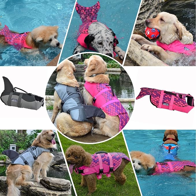 Dog Life Jacket Ripstop Shark Dog Safety Vest Adjustable Preserver with High Buoyancy and Durable Rescue Handle for Small,Medium,Large Dogs, Grey Shark Small