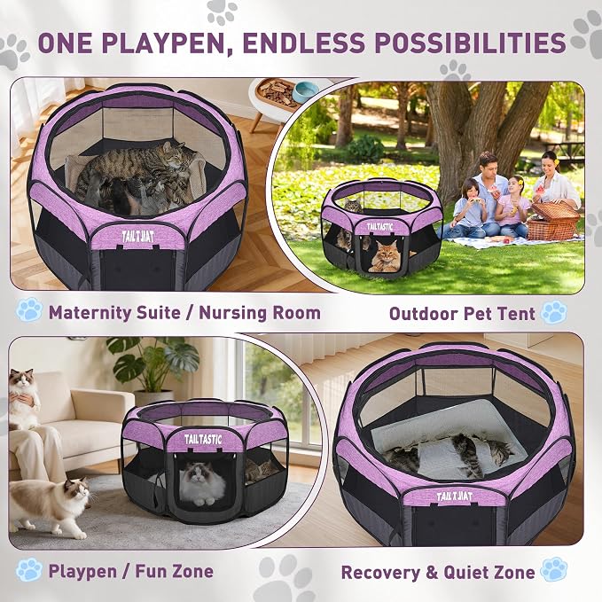 Portable Pet Playpen for Small Dogs & Cats, Foldable Puppy Safety Pen with Removable Zipper Top, Breathable Mesh Dog Delivery Room, Indoor Isolation Cage for Kittens/Rabbits (Purple, Small)