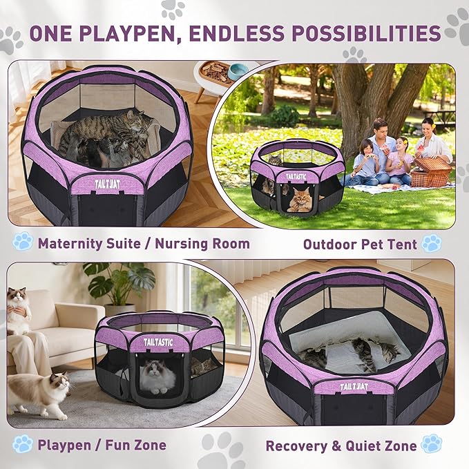 Portable Pet Playpen for Medium Dogs & Cats, Foldable Puppy Safety Pen with Removable Zipper Top, Breathable Mesh Dog Delivery Room, Indoor Isolation Cage for Pets (Purple, Medium)