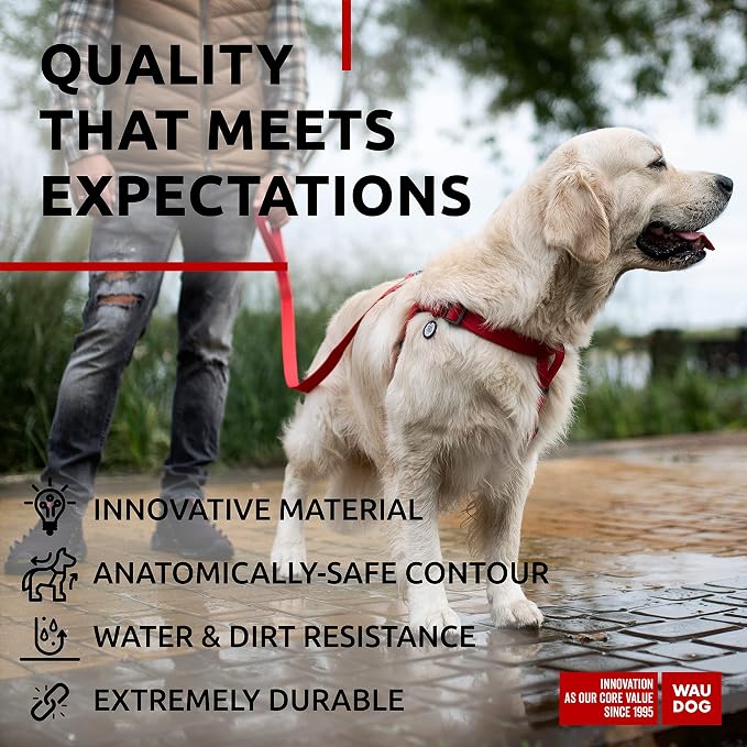 WAUDOG Waterproof Adjustable Dog Harness - Heavy Duty with Durable Metal Clasp - Medium & Large Dog Harness - Red (24-35in)