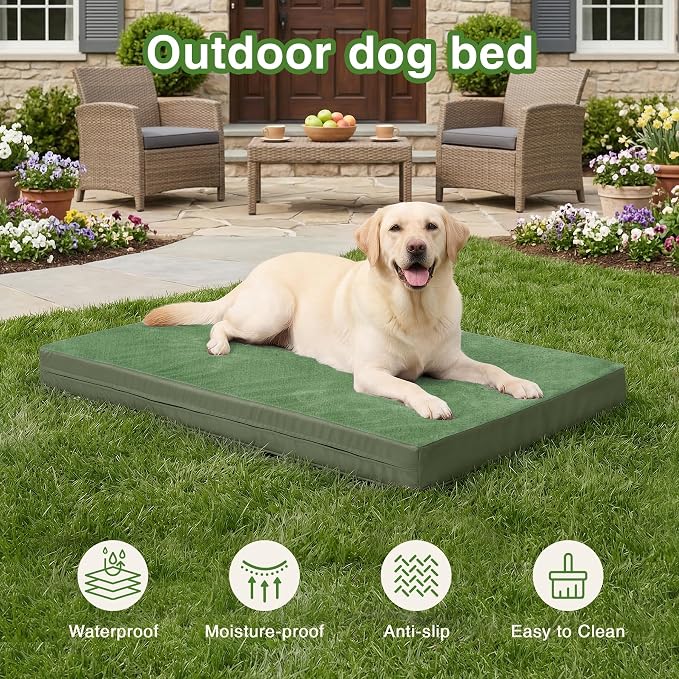 Waterproof Extra Large Dog Bed Washable Outdoor Orthopedic XL Crate Pad 42" | Reversible Wipeable Faux Leather & Soft Flannel, Durable Foam Pet Bed, Removable Cover,Anti-Slip Kennel Pad 41"x27" Green