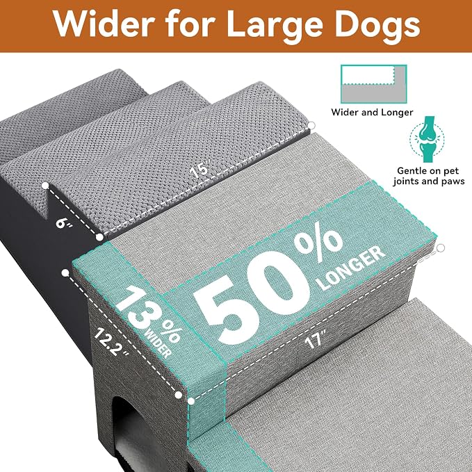 Zerbuger Dog Stairs with Storage, Grey 4 Steps Dog Ramp with Condo for Bed | 23" H Wider Dog Steps for High Beds Couch, Folding Storage Pet Stairs Gift for Climbing Small/Medium/Large Old Dogs Cats