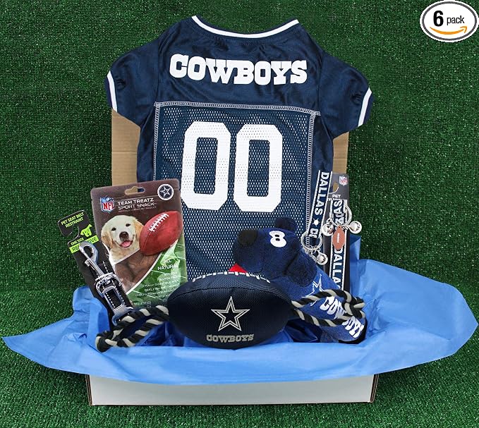 NFL Dallas Cowboys PET GIFT BOX with 2 Licensed DOG TOYS, 1 Logo-engraved NATURAL DOG TREAT, 1 NFL JERSEY, 1 NFL Puppy Training Bells & 1 Car Seatbelt
