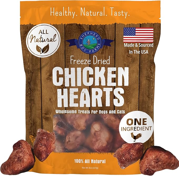 Shepherd Boy Farms Freeze Dried Chicken Hearts for Dogs & Cats - 100% Natural, Single-Ingredient Dog Treats & Cat Treats, High-Protein Organ Meat, Grain Free, Made in USA, 8oz