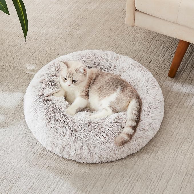 Western Home Calming Donut Cat Bed Small Dog Bed Washable,20" White Khaki | Fluffy Faux Fur Round Cuddler,Anti-Anxiety,Anti-Slip Bottom,Self-Warming Pet Bed for Small Dog&Kitten&Puppy,Up to 12 LBS