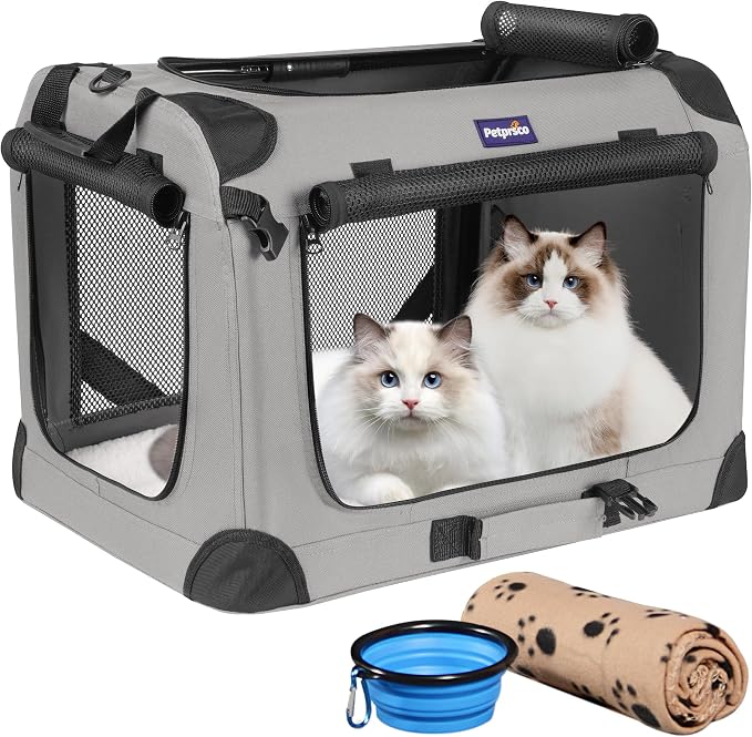 Petprsco Large Cat Carrier for 2 Cats/Small Dogs 24"x17"x17" for Car Travel | Soft Pet Carrier for Large Cats & Small/Medium Dogs, Includes Warm Blanket, Foldable Bowl & Washable Pad, for Long Car Trips
