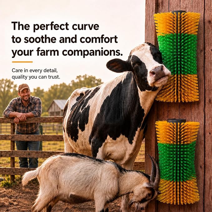 Bionic Curve Livestock Scratching Brush for Cattle, Cows, Goats, Horses and Pigs - Body-Contoured Farm Animal Scratcher Post, Heavy Duty Livestock Grooming Brush with 8 Screws, 2 Pack
