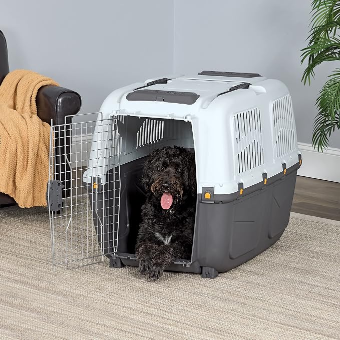 Skudo by MidWest 42-Inch Travel Carrier, Gray, Fits Pets up to 80 lbs | Hard-Sided Pet Carrier, Travel Crate with Handle, Ventilated Design, Locking Tabs, Easy Assembly