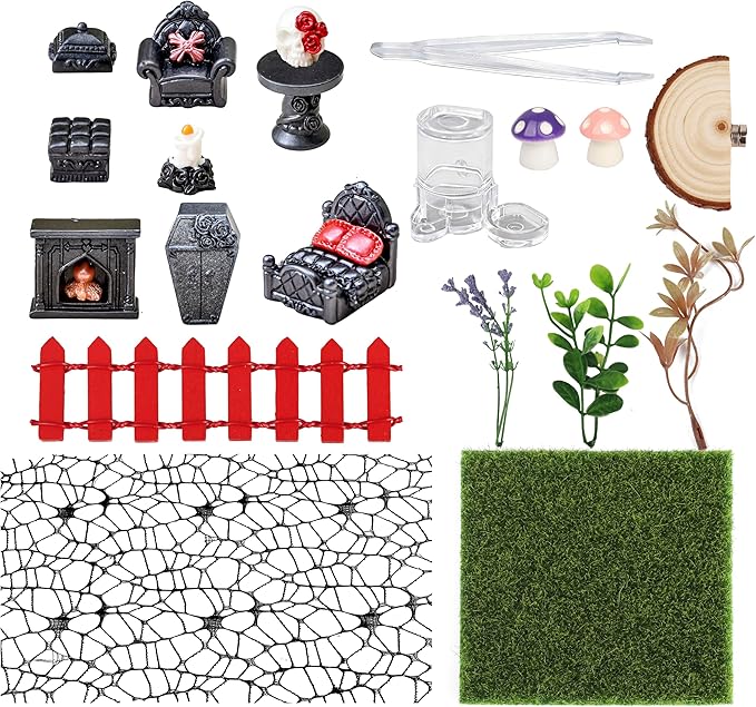 20Pcs Jumping Spider Enclosure Accessories Kit, Gothic Mini Furniture & Decor Set for Tarantula Habitat, Includes Feeder, Ledge, Hideout, Climbing Net, Plants, Mushrooms (No Glue, No Tank)