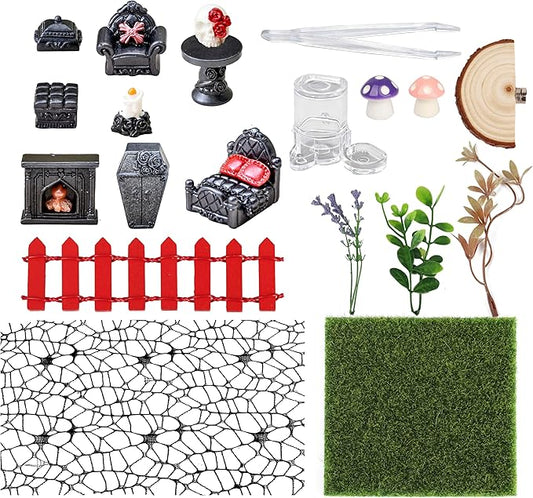 20Pcs Jumping Spider Enclosure Accessories Kit, Gothic Mini Furniture & Decor Set for Tarantula Habitat, Includes Feeder, Ledge, Hideout, Climbing Net, Plants, Mushrooms (No Glue, No Tank)