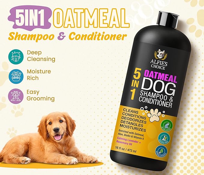 ALFIE'S CHOICE Oatmeal Dog Shampoo and Conditioner for Itchy Skin Relief | Puppy Shampoo for Sensitive Skin 5-in-1 | Cleans, Deodorizes & Detangles | Dog Wash for All Breeds | Made in USA | 16 fl oz