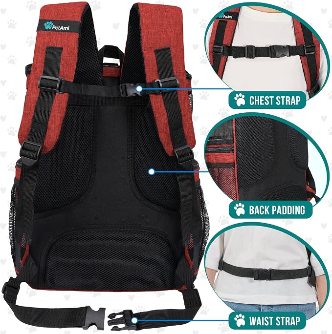PetAmi Dog Backpack Carrier, Airline Approved 4-Way Entry Cat Backpack Carrier, Ventilated Mesh, Collapsible Pet Carrier for Small Puppy, Kitten, Hiking, Travel Car, Vet, up to 18 lbs, Red