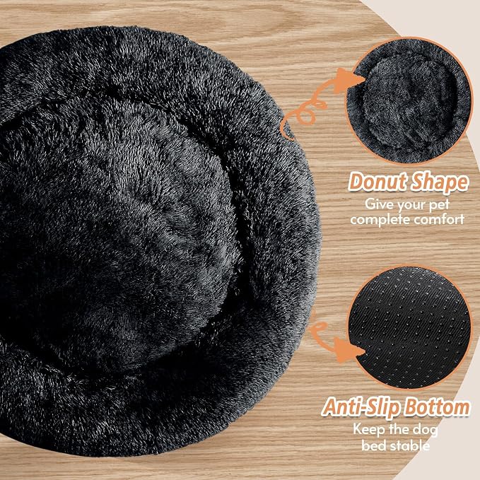 JOLLYVOGUE Calming Dog Beds Large Sized Dog, 36in Donut Washable Large Pet Bed, Anti-Slip & Anti-Anxiety Fluffy Faux Fur Round Dogs Bed, Fits up to 80 lbs Pets (Black)