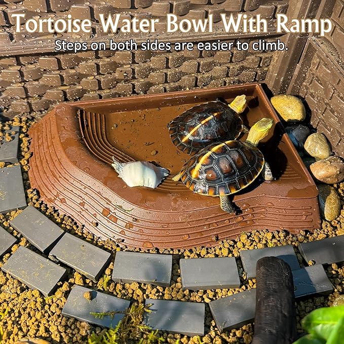 Reptile Bathing Pool 2-in-1 Tortoise Water Dish with Ramp Large Turtle Feeding Bowl with Steps Plastic Reptile Food & Water Dishes 7 Pcs Gecko Habitat Decoration Accessories Lizard Bath Tub