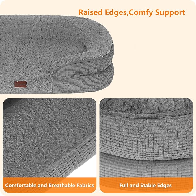 Dwanton Orthopedic Dog Bed for Medium Dogs with Gel Memory Foam, Waterproof Dog Sofa, Washable Pet Bed with Four Sided Bolster Cushion, Removable Cover & Non-Slip Bottom, 36", Plush-Medium Grey