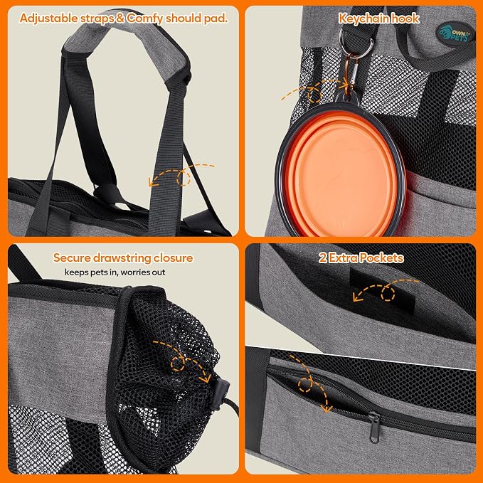 Ownpets XL Cat Dog Purse Carrier, Grey Breathable Mesh, Fits 20lbs | Summer ventilation, lightweight design, shoulder strap, travel vet shopping, grey