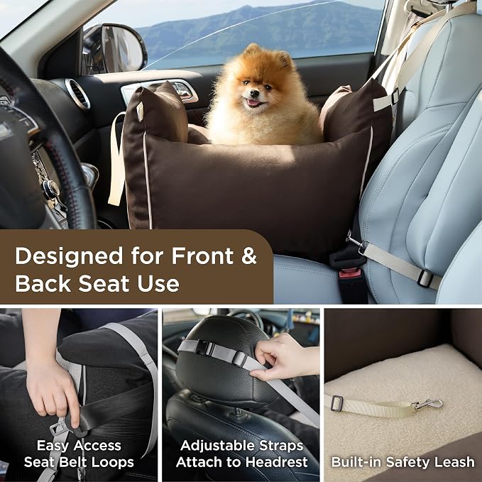 Lesure Dog Car Seat for Small Dogs,Booster Car Bed for Puppy Under 25lbs | Soft Pet Carseat with Clip-On Safety Leash and Thickened Memory Foam Filling,Dog Travel Carrier Bed with Storage Pocket,Brown