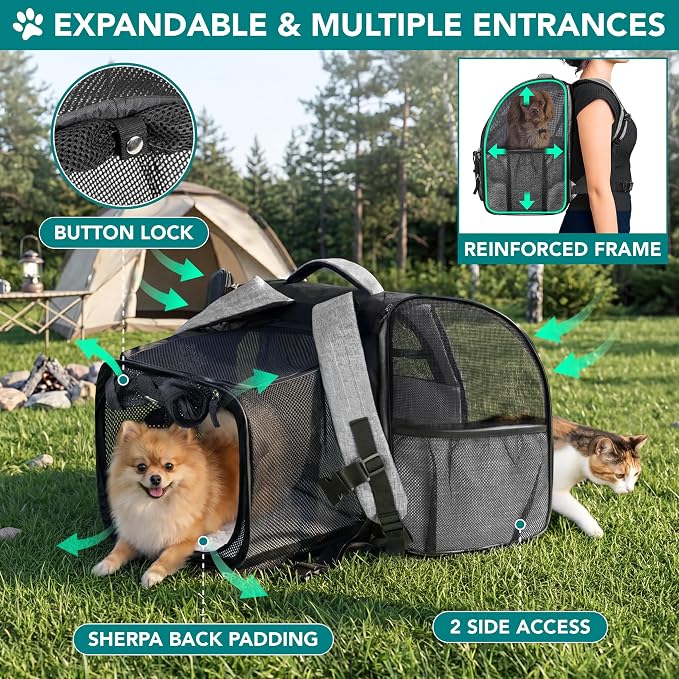 PetAmi Expandable Dog Backpack Carrier for Cats & Pets, Breathable Cat Carrier Backpack with Top Window & Multi-Entry, Ventilated Foldable Travel Carrier for Small Medium Pets up to 18 lbs, Light Gray