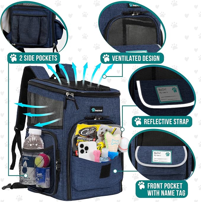 PetAmi Dog Backpack Carrier, Airline Approved 4-Way Entry Cat Backpack Carrier, Ventilated Mesh, Collapsible Pet Carrier for Small Puppy, Kitten, Hiking, Travel Car, Vet, up to 18 lbs, Navy Blue