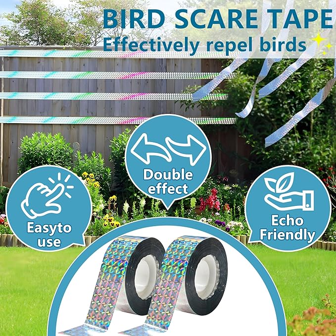 Bird Scare Tapes 262FT Reflective Flash Tape for Birds, Bird Scare Device Double Side Ribbon Scare Birds Away for House, Garden, Yard, Orchard, Patio, Outdoor (Pack of 2)
