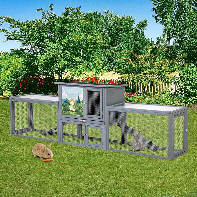 COZIWOW Large Wooden Rabbit Hutch Outdoor Indoor, 94.5" L 2-Level Bunny Cage for 2 or More Small Animals with Removable Tray & Multiple Entrances (Grey)