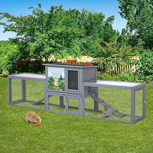 COZIWOW Large Wooden Rabbit Hutch Outdoor Indoor, 94.5" L 2-Level Bunny Cage for 2 or More Small Animals with Removable Tray & Multiple Entrances (Grey)