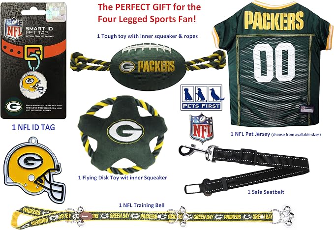 NFL Green Bay Packers PET GIFT BOX with 2 Licensed DOG TOYS, 1 Logo-engraved NATURAL DOG TREAT, 1 NFL JERSEY, 1 NFL Puppy Training Bells & 1 Car Seatbelt