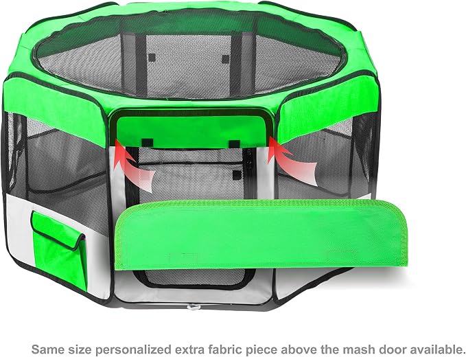 Pawer 45”×24” 8-Panel Foldable Pet Playpen, Bright Green+Grey, Personalize Embroidery Extra Fabric Piece Available, for Cat/Dog/Puppy, 600D Oxford Cloth Portable Indoor & Outdoor Kennel with Carry Bag