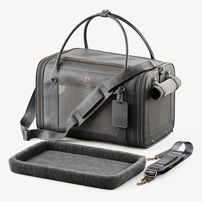 Noah & Paw Cat Carrier Soft Dog Carrier for Small Dogs, TSA Airline Approved 18x11x11in Cat Crate, Pet Travel Crate, Small Pet Kennel, Mattress Included, Charcoal Faux Leather